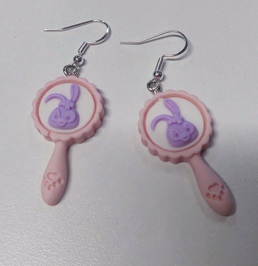 Bunny Cameo Pink Mirror Dangle Earrings